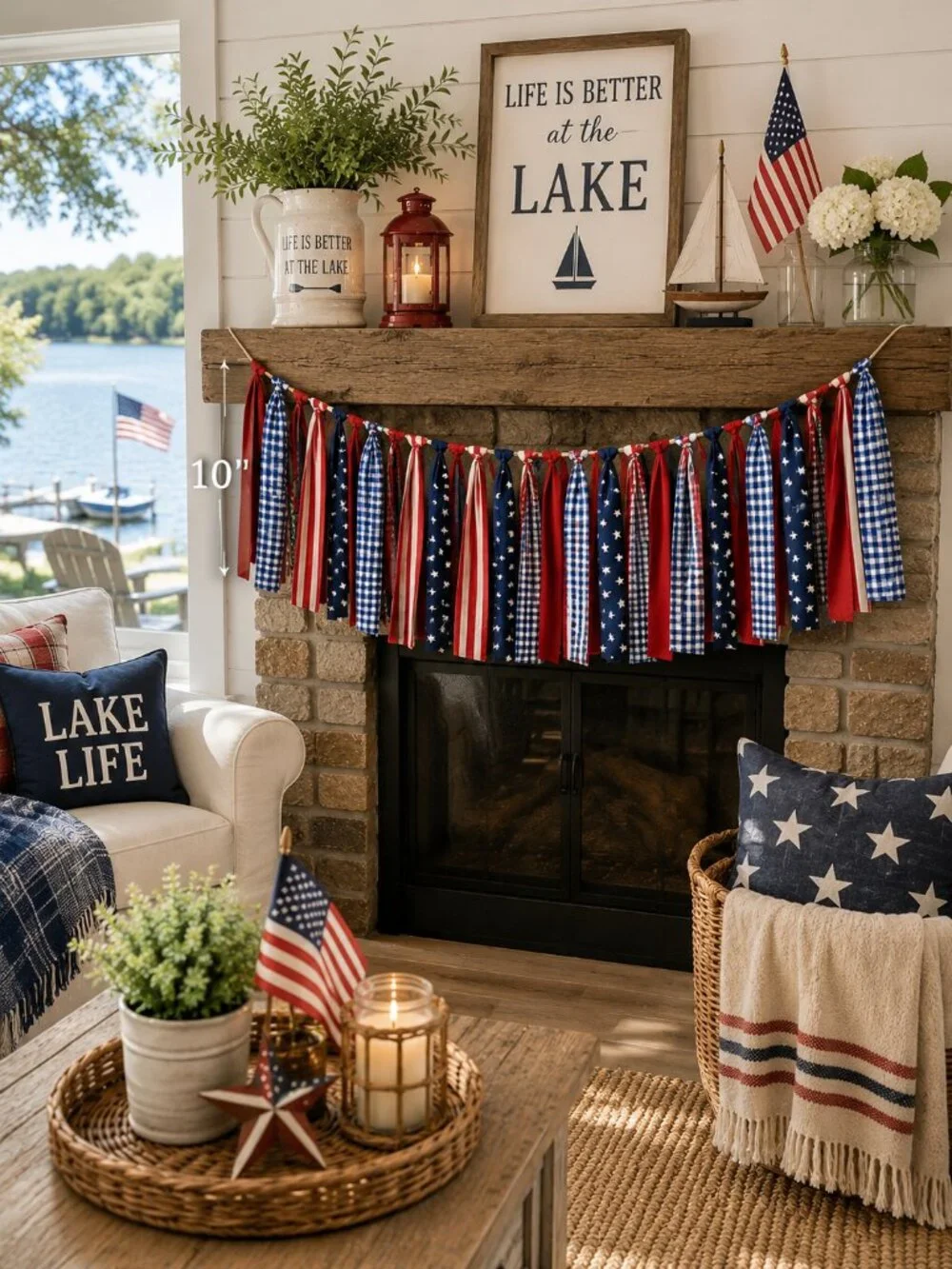 Patriotic fabric tassel garland classic red white and blue bunting decor 96